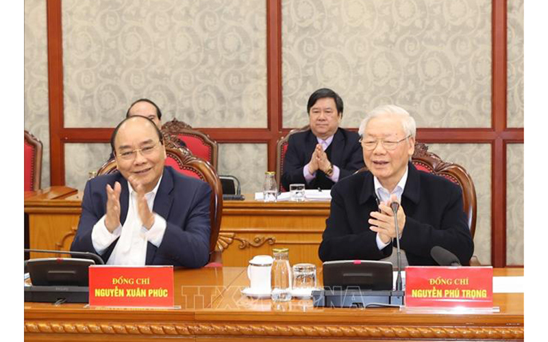 Tổng Bí thư, Chủ tịch nước Nguyễn Phú Trọng chủ trì phiên họp đầu tiên, đánh giá tình hình triển khai thực hiện Chỉ thị số 48-CT/TW của Ban Bí thư về tổ chức Tết năm 2021, bàn một số nhiệm vụ trọng tâm quý I/2021. Nguồn: TTXVN