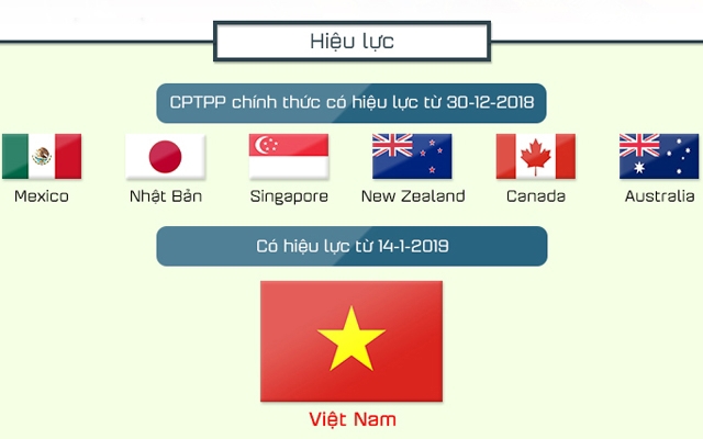 CPTPP có hiệu lực với nhóm sáu nước đầu tiên phê chuẩn từ 30/12/2018 và có hiệu lực đối với Việt Nam từ 14/1/2019. Nguồn: nhandan.com.vn