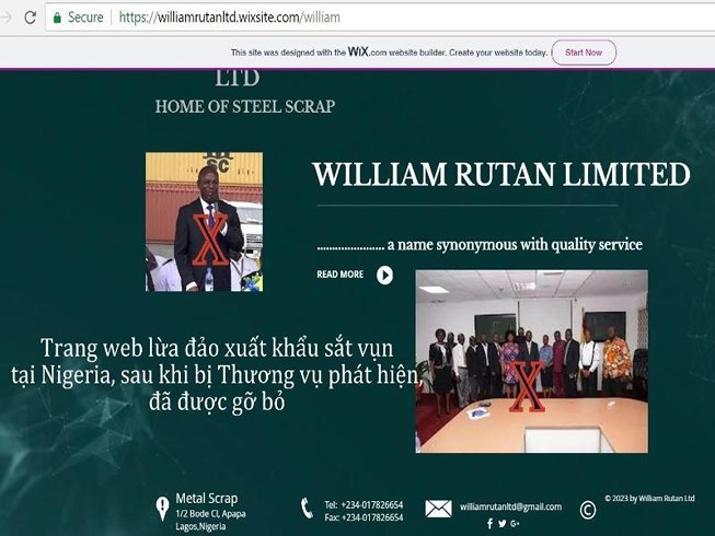 Trang web lừa đảo xuất khẩu sắt vụn tại Nigeria (www.williamruttanltd.wixsite.com/william) sau khi bị Thương vụ phát hiện đã được gỡ bỏ. Nguồn: plo.vn
