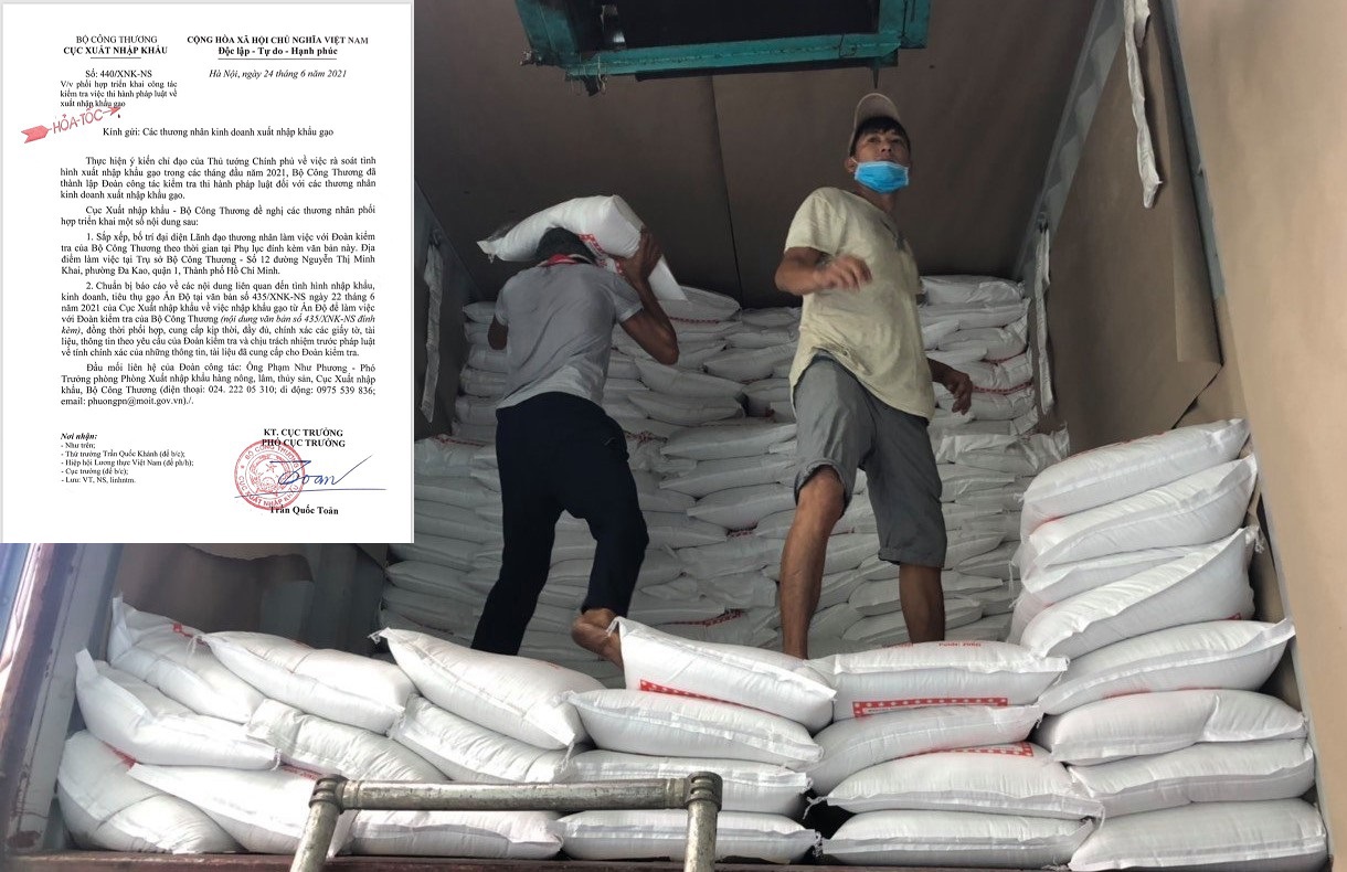 Trước tình hình lượng gạo Ấn Độ nhập về Việt Nam ồ ạt, Cục Xuất nhập khẩu - Bộ Công Thương đã có công văn hỏa tốc để kiểm tra 05 doanh nghiệp xuất nhập khẩu gạo