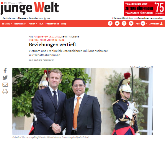 Báo Thế giới trẻ (Junge Welt) của Đức đưa tin về chuyến thăm Cộng hòa Pháp của Thủ tướng Phạm Minh Chính