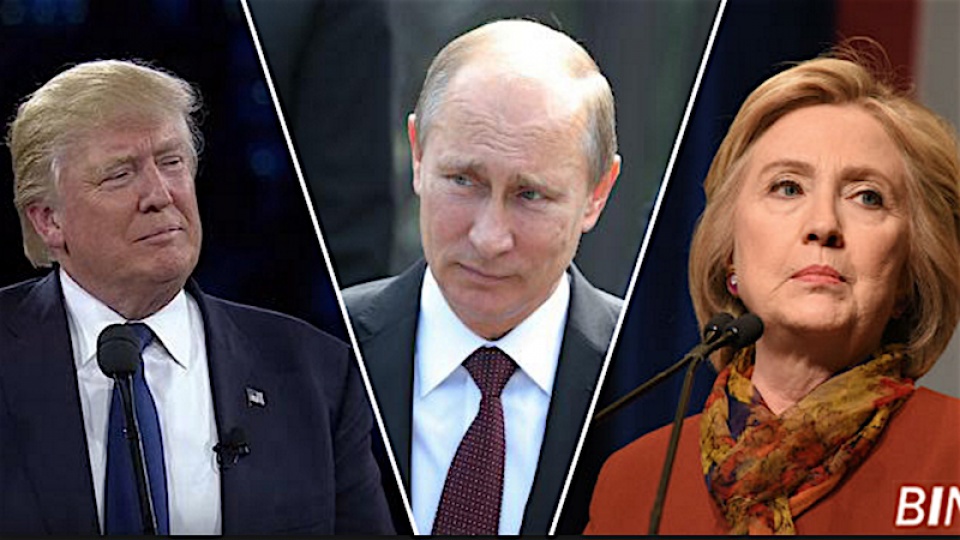 Ứng cử viên đảng Cộng hòa Donald Trump, Tổng thống Nga Putin và ứng cử viên đảng Dân chủ Hillary Clinton. (Nguồn: BIN)