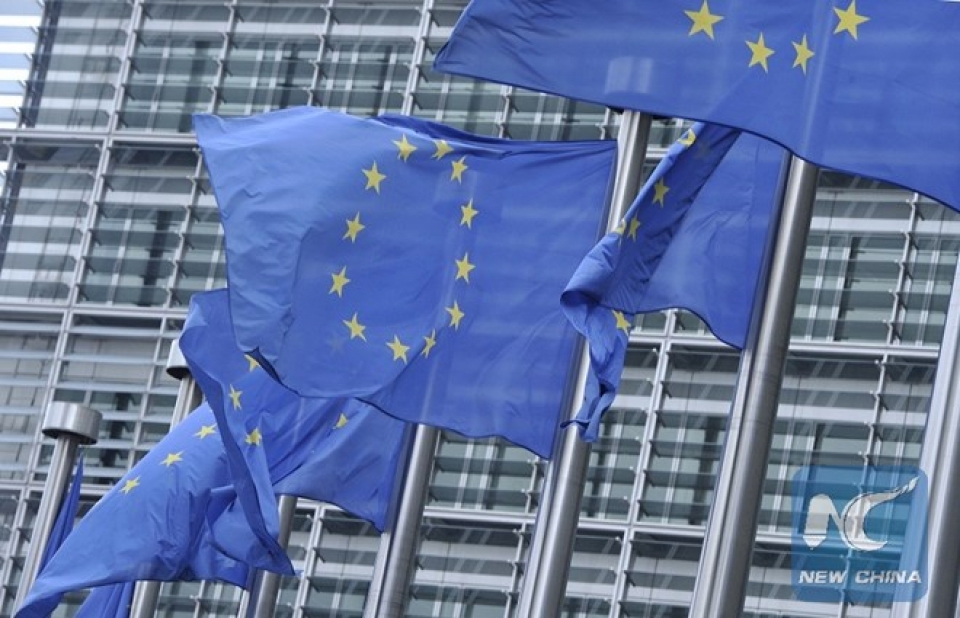 Cờ của Liên minh châu Âu tại trụ sở của EU ở Brussels của Bỉ. (Nguồn: Xinhua)