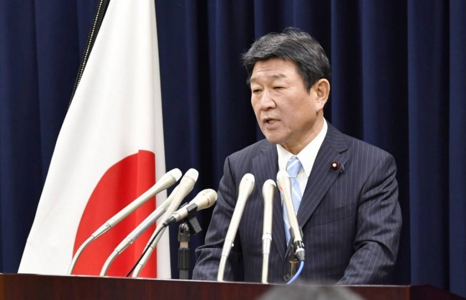 Bộ trưởng phụ trách đàm phán về CPTPP của Nhật Bản Toshimitsu Motegi trong cuộc họp báo tại Tokyo ngày 26/1. Nguồn: Kyodo