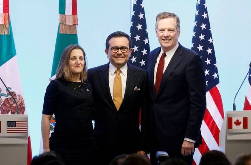 (Từ trái qua phải) Bộ trưởng Ngoại giao Canada Chrystia Freeland, Bộ trưởng Kinh tế Mexico Ildefonso Guajardo và Đại diện Thương mại Mỹ Robert Lighthizer, ngày 5/3/2018. Nguồn: Reuters
