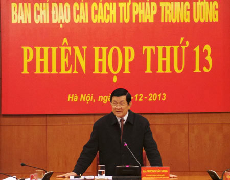 Chủ tịch nước Trương Tấn Sang phát biểu tại phiên họp Ban Chỉ đạo Cải cách tư pháp Trung ương Phiên họp thứ 13. Nguồn: internet