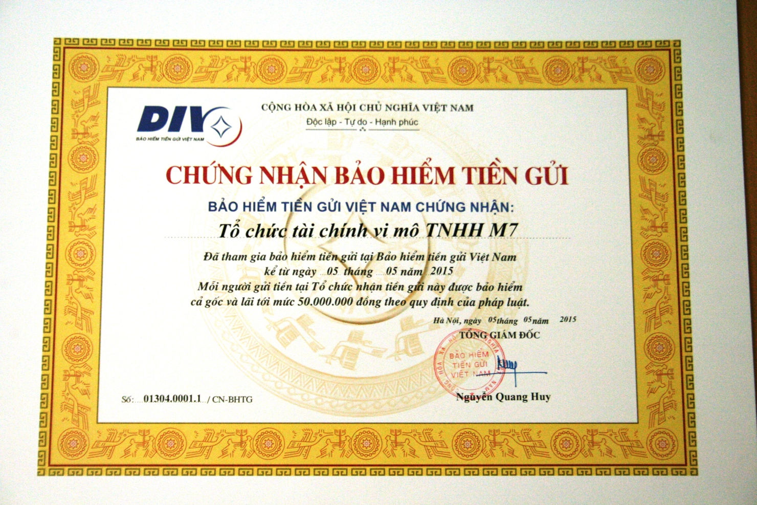 Tổ chức M7-MFI là tổ chức tài chính vi mô đầu tiên được Bảo hiểm Tiền gửi Việt Nam cấp Chứng nhận Bảo hiểm tiền gửi