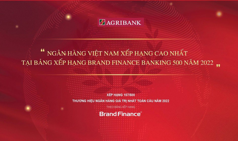 Agribank đứng thứ hạng 157, tăng 16 bậc so với năm 2021, xếp hạng cao nhất trong 11 NHTM hàng đầu Việt Nam được xếp hạng toàn cầu năm 2022.