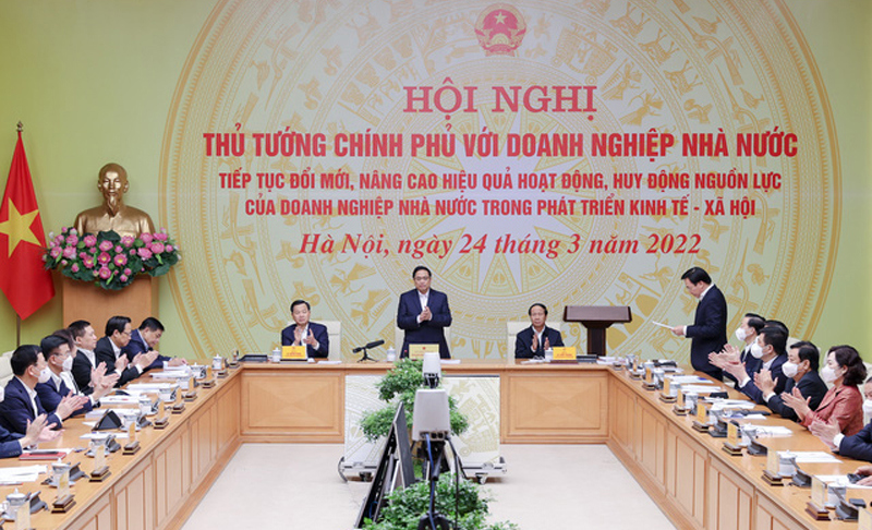 Thủ tướng Phạm Minh Chính chủ trì Hội nghị trực tuyến toàn quốc với doanh nghiệp nhà nước, tháng 3/2022. Nguồn: Báo điện tử Chính phủ.