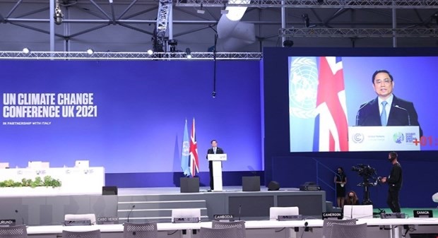 Thủ tướng Phạm Minh Chính phát biểu tại Hội nghị của Liên hợp quốc về biến đổi khí hậu (COP26). (Ảnh: Dương Giang/TTXVN)