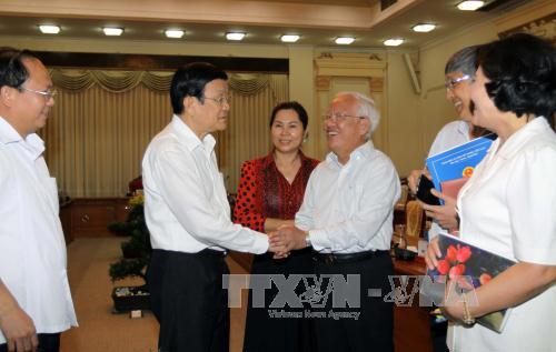 Chủ tịch nước Trương Tấn Sang và các đại biểu tại buổi làm việc. Ảnh: TTXVN 