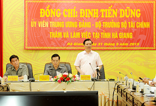 Bộ trưởng Đinh Tiến Dũng phát biểu tại buổi làm việc với tỉnh Hà Giang. Nguồn:mof.gov.vn 