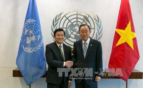 Chủ tịch nước Trương Tấn Sang hội kiến Tổng Thư ký LHQ (TTK LHQ) Ban Ki-moon. Ảnh: TTXVN