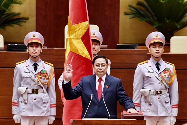 Thủ tướng Ch&iacute;nh phủ nhiệm kỳ 2021-2026 Phạm Minh Ch&iacute;nh tuy&ecirc;n thệ nhận chức. Nguồn: VGP