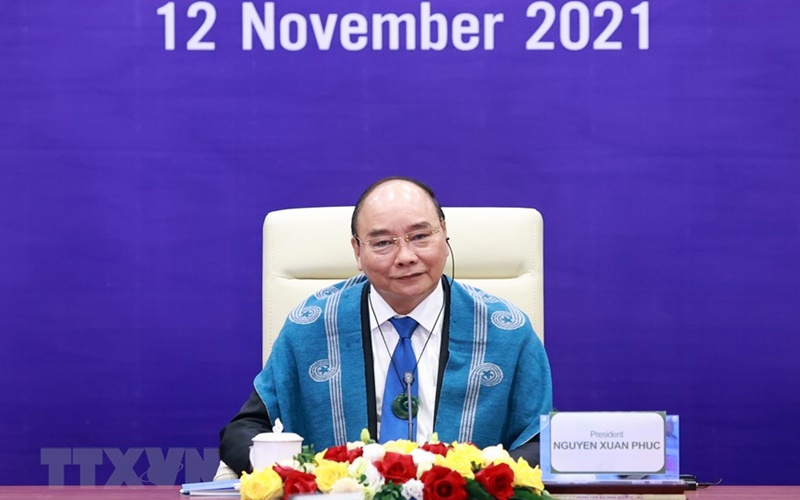 Chủ tịch nước Nguyễn Xuân Phúc tại điểm cầu Hà Nội. Ảnh: TTXVN