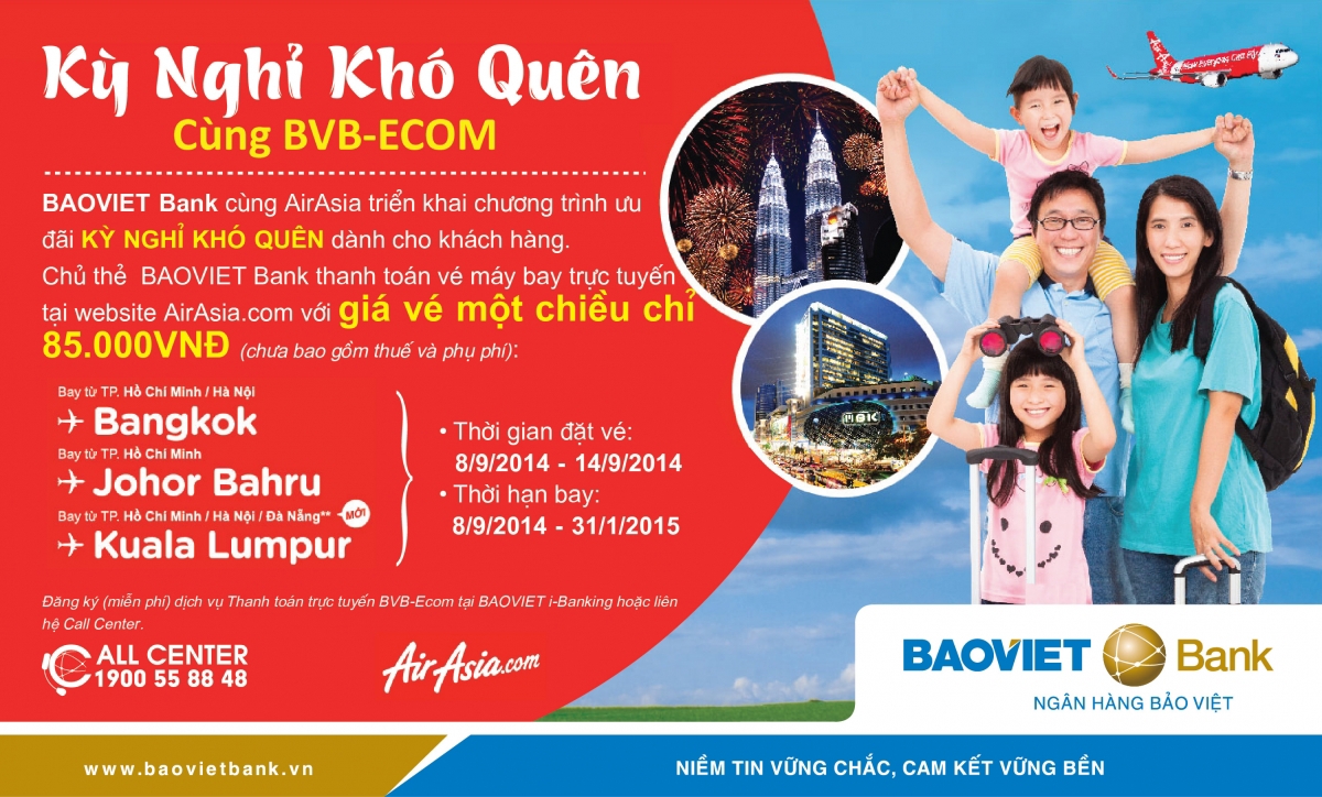 BAOVIET Bank vừa hợp tác cùng AirAsia triển khai chương trình ưu đãi Kỳ nghỉ khó quên. Nguồn: baovietbank.vn