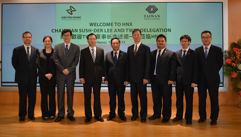 Đoàn Sở GDCK Đài Loan (TWSE) do ông Sush-Der LEE, Chủ tịch HĐQT TWSE dẫn đầu đã tới thăm và làm việc tại Sở GDCK Hà Nội. Nguồn: hnx.vn