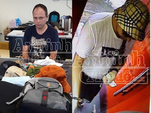 Đối tượng Asadchikh Serhiy tại cơ quan điều tra (bên trái), và hình ảnh Asadchikh Serhiy đang dùng thẻ giả rút tiền tại cây ATM trên phố Hàng Mắm, Hoàn Kiếm, Hà Nội (bên phải). Nguồn: anninhthudo.vn