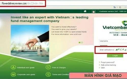 Một website lừa đảo với giao diện tương tự trang của Vietcombank. Nguồn: VTC.