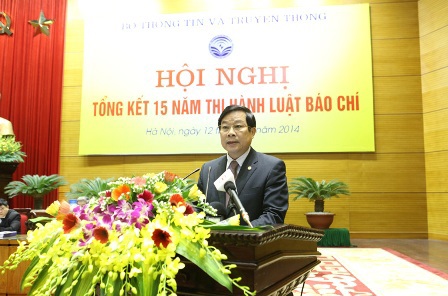 Bộ trưởng Bộ Thông tin và Truyền thông Nguyễn Bắc Son phát biểu chỉ đạo tại Hội nghị Tổng kết 15 năm thi hành Luật Báo chí ngày 12/11/2014 tại Hà Nội. Nguồn: Internet