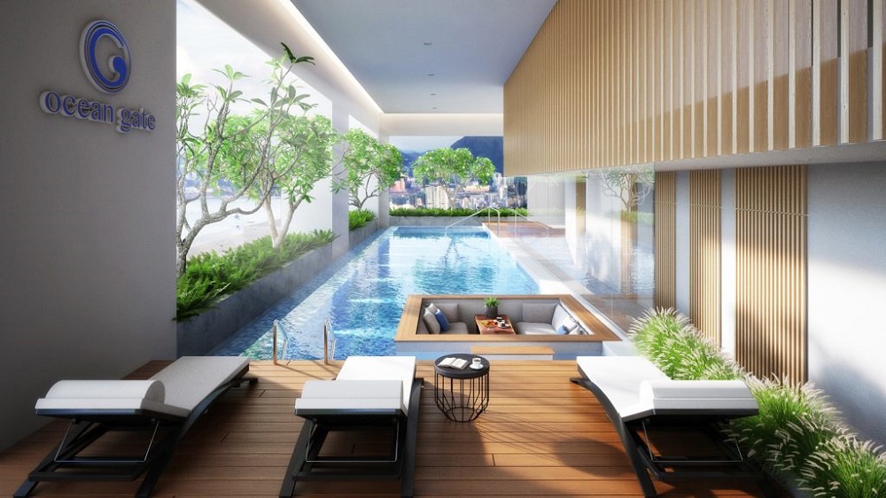 Dự án Ocean Gate thiết kế có bể bơi hiện đại ở tầng 4 phục vụ tối đa nhu cầu giải trí và thư giãn của du khách và cư dân.