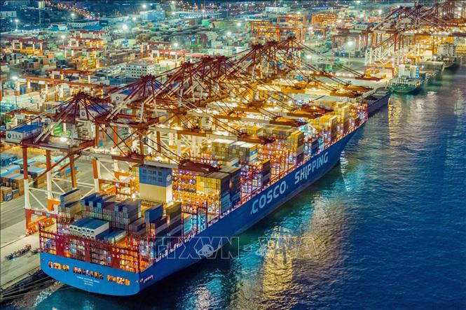  Tàu container neo tại cảng thương mại quốc tế ở Thanh Đảo, tỉnh Sơn Đông, Trung Quốc ngày 21/11/2019. Ảnh: AFP/TTXVN 