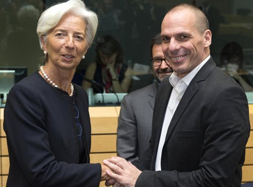 Bộ trưởng Tài chính Hy Lạp Yanis Varoufakis (phải) và Tổng giám đốc Quỹ Tiền tệ Quốc tế Christine Lagarde tại một cuộc họp. Nguồn: internet
