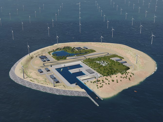 Hình ảnh 3D của hòn đảo nhân tạo dự tính được xây dựng Dogger Bank, một khu vực tại Anh có nguồn gió dồi dào đủ để cung cấp điện cho khu vực này cùng với Bỉ, Hà Lan, Đức, và Đan Mạch. Nguồn: internet