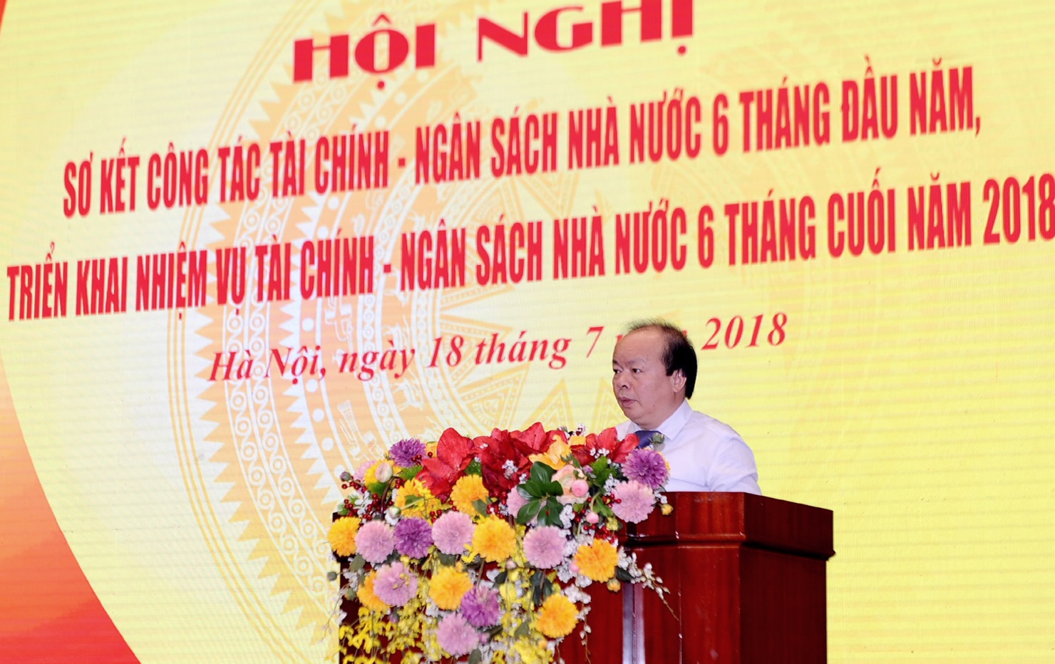 Thứ trưởng Bộ Tài chính Huỳnh Quang Hải trình bày báo cáo tại Hội nghị. 