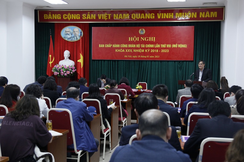 Quang cảnh Hội nghị Ban Chấp hành Công đoàn Bộ Tài chính lần thứ VIII mở rộng (ngày 28/01/2021).