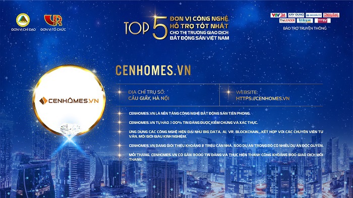 Cenhomes.vn với khoảng 2 triệu căn nh&agrave;, 500 dự &aacute;n lọt Top 5 Đơn vị c&ocirc;ng nghệ hỗ trợ tốt nhất cho thị trường giao dịch bất động sản.