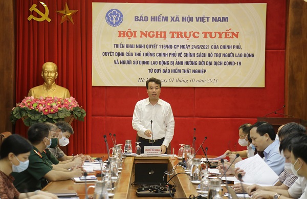 Tổng Giám đốc BHXH Việt Nam Nguyễn Thế Mạnh phát biểu tại Hội nghị trực tuyến triển khai Nghị quyết số 116/NQ-CP ngày 24/9/2021 của Chính phủ.