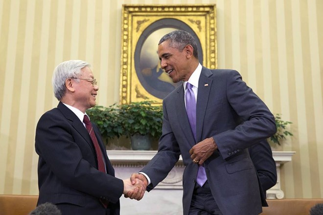 Tổng Bí thư Nguyễn Phú Trọng hội đàm với Tổng thống Hoa Kỳ Barack Obama tại Nhà Trắng. 