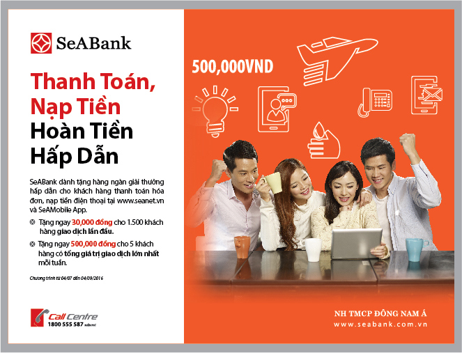 SeABank khuyến mại cho khách hàng nạp thẻ điện thoại thanh toán hóa đơn.