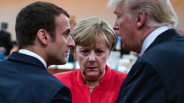 Từ trái qua: Tổng thống Pháp Emmanuel Macron, Thủ tướng Đức Angela Merkel và Tổng thống Mỹ Donald Trump. Nguồn: Internet