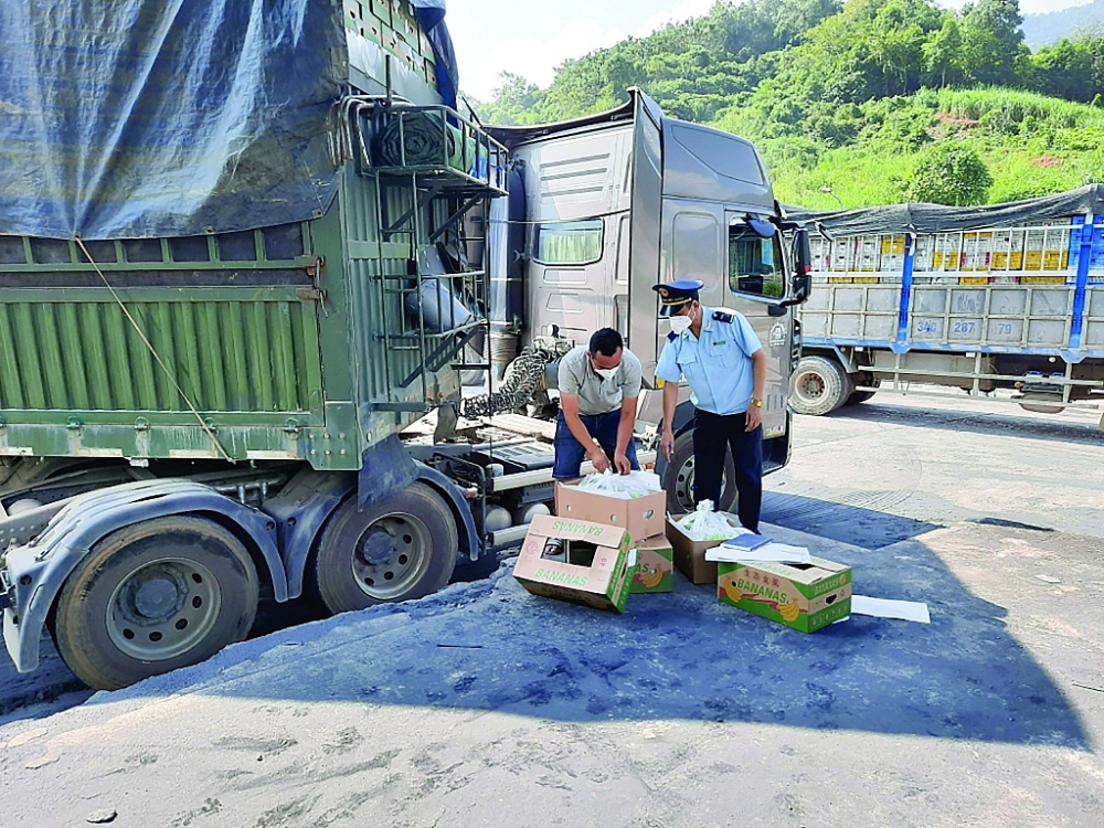 Công chức Chi cục Hải quan cửa khẩu quốc tế Thanh Thủy (Hà Giang) kiểm tra hàng hóa XNK. Ảnh: Hải quan Thanh Thủy