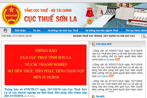 Cục thuế Sơn La đã đăng công khai danh sách doanh nghiệp nợ tiền thuế trên trang điện tử của ngành.