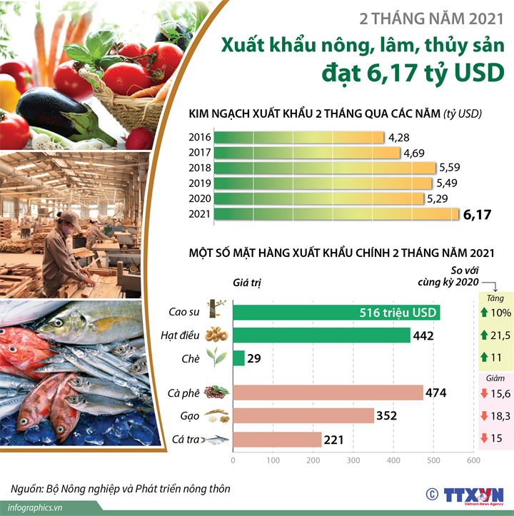 [Infographics] 2 tháng năm 2021: Xuất khẩu nông, lâm, thủy sản đạt 6,17 tỷ USD - Ảnh 1