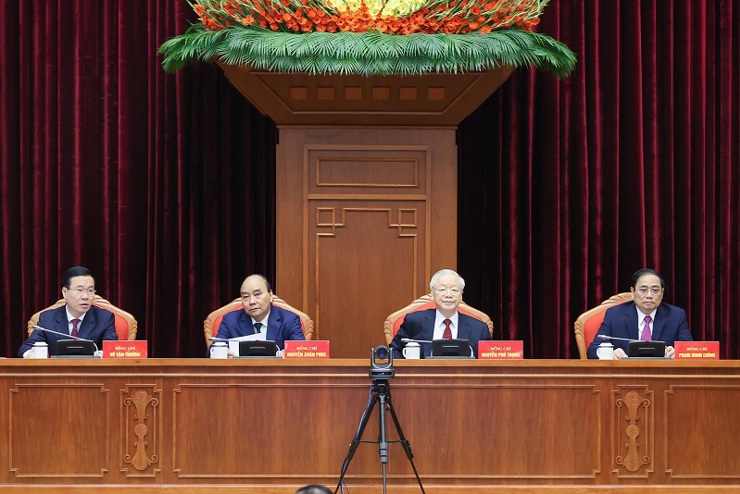 Tổng Bí thư Nguyễn Phú Trọng cùng các đồng chí lãnh đạo Đảng và Nhà nước chủ trì hội nghị.