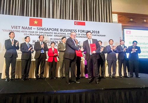 Đại diện Vietcombank, ông Phạm Quang Dũng – Tổng Giám đốc (hàng đầu, bên phải) và đại diện SBF, ông Ho Meng Kit – Giám đốc điều hành ký kết thỏa thuận hợp tác giữa hai bên.