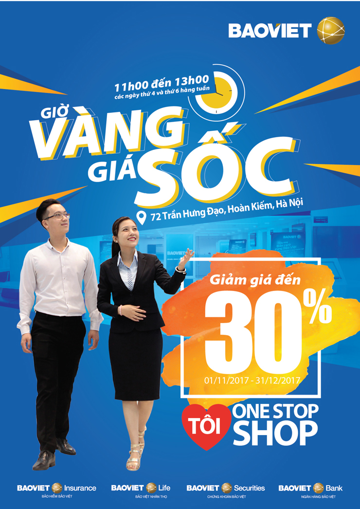 Chương trình tri ân khách hàng với mức ưu đãi hấp dẫn “Tôi yêu One stop shop” được Bảo Việt triển khai dự kiến từ 1/11 – 31/12/2017 tại Siêu thị Tài chính Bảo Việt.
