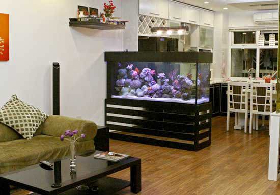 Đặt bể cá dưới các tượng thần, đặc biệt là Thần Tài hoặc bộ ba ông Phúc - Lộc - Thọ là điều tối kỵ. Nguồn: baoxaydung.com.vn