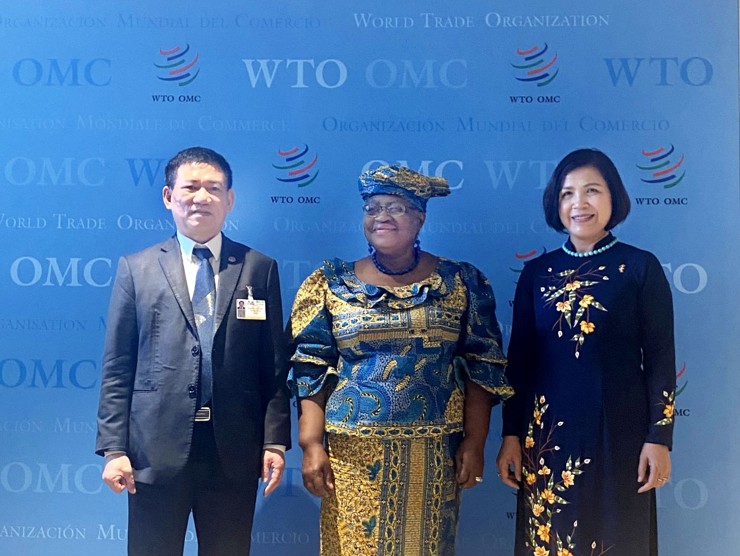 Bộ trưởng Hồ Đức Phớc, Tổng Giám đốc WTO Ngozi Okonjo-Iweala và Đại sứ Lê Thị Tuyết Mai. 