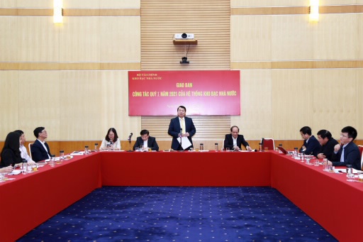 Tổng Giám đốc KBNN Nguyễn Đức Chi chỉ đạo, điều hành Hội nghị giao ban trực tuyến công tác quý I/2021 tại điểm cầu Trung ương (ngày 5/3/2021).