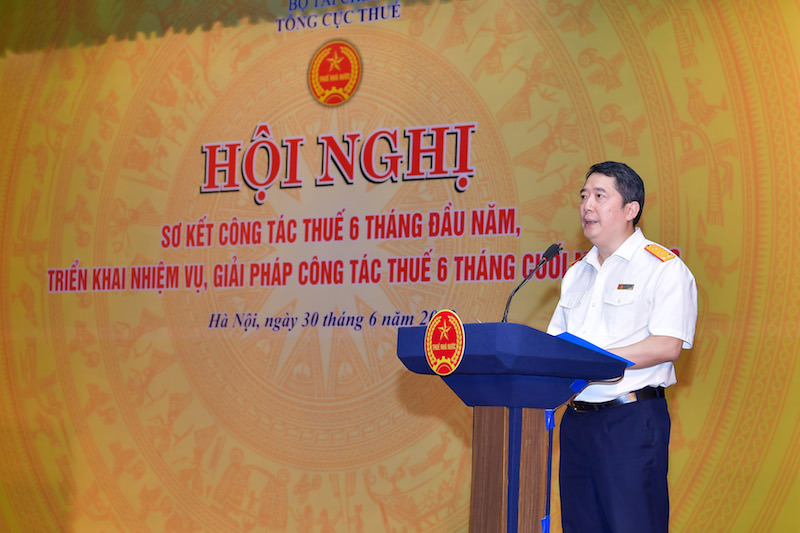 Tổng cục trưởng Tổng cục Thuế Cao Anh Tuấn phát biểu tại Hội nghị.