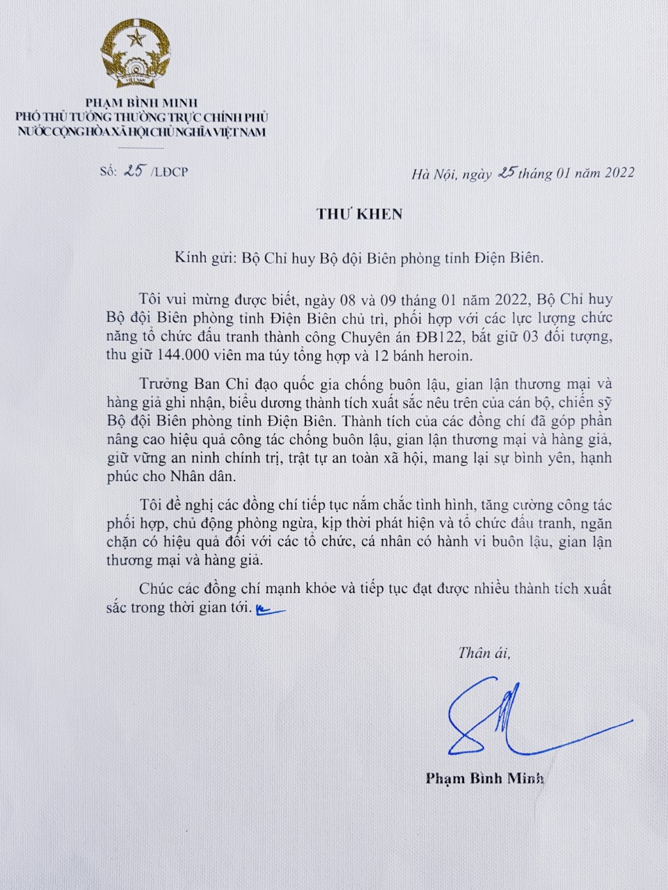 Trưởng Ban Chỉ đạo 389 quốc gia gửi Thư khen Bộ đội Biên phòng tỉnh Điện Biên - Ảnh 1